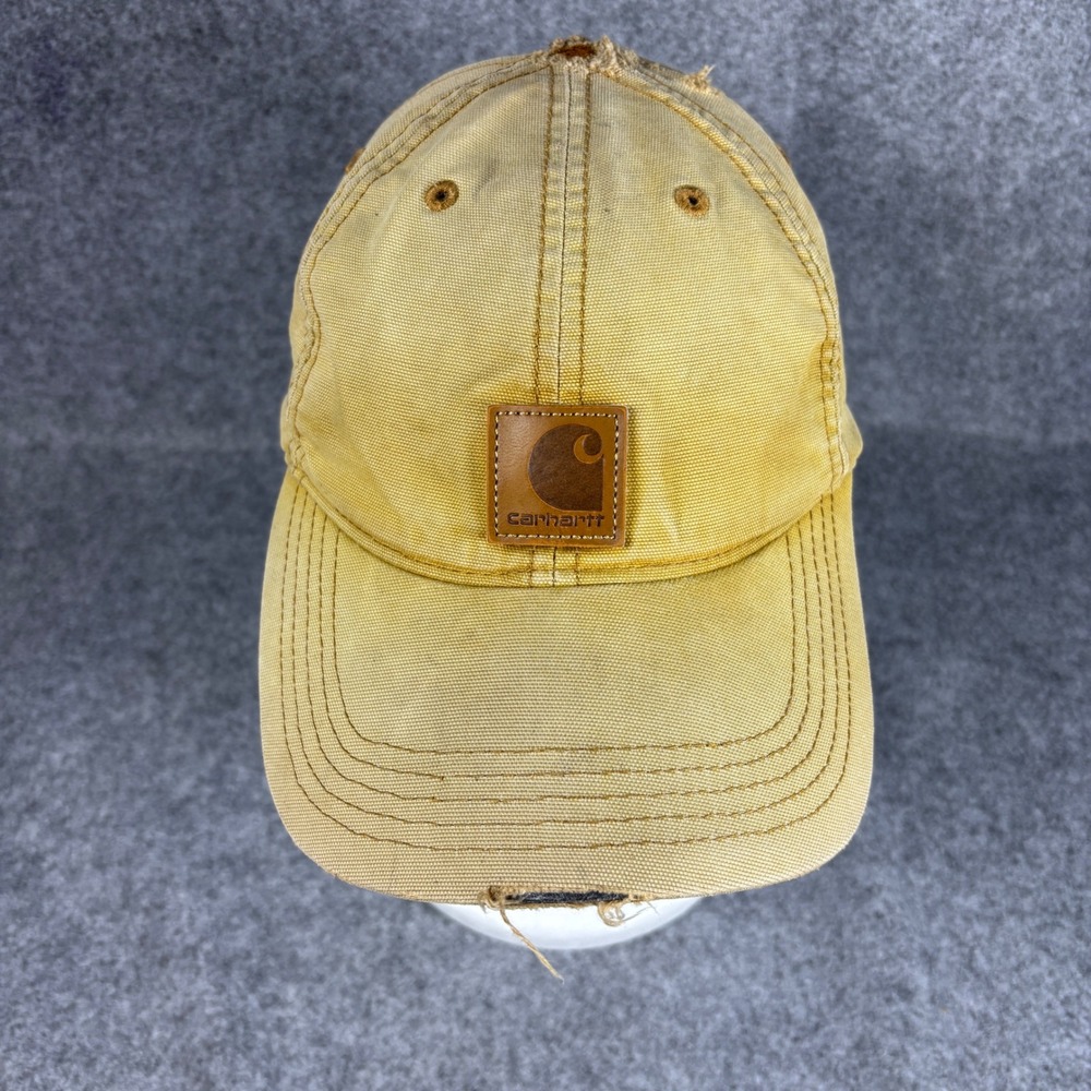 Carhartt Ball Cap Hat Faded Yellow Canvas Distressed Leather Patch Adjustable